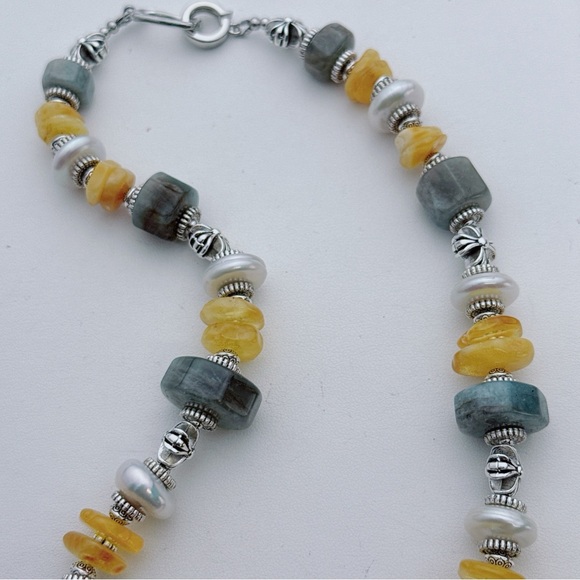 X798 Handmade Coin Shape Freshwater Baroque Pearl Agate Amber Necklace - Picture 10 of 11